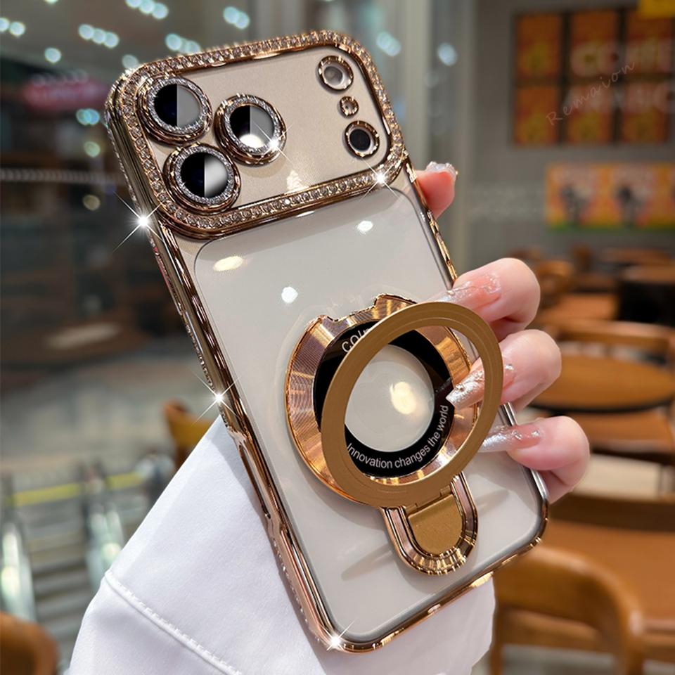 Магнитный Чехол-Подставка с Алмазами Для Для Iphone 17 Air 16E 1 14 Plus 13 11 12 16 17 Pro Max Блестящий Защитный Чехол