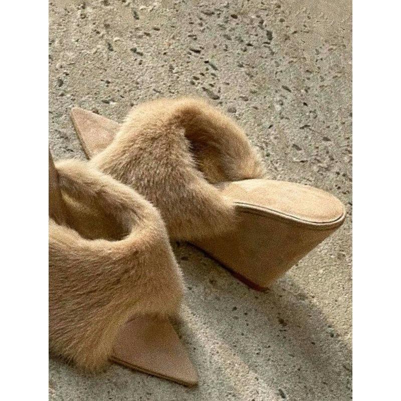 Sexy Spice Girl Fluffy Open-toed One-Word Slippers Design Sense Pointed Wedge Heel High Heel Boots