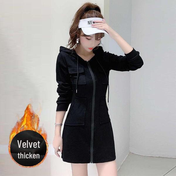 Plush Long-Sleeve Zippered Hoodie Dress - European and American Autumn/Winter Style for Women