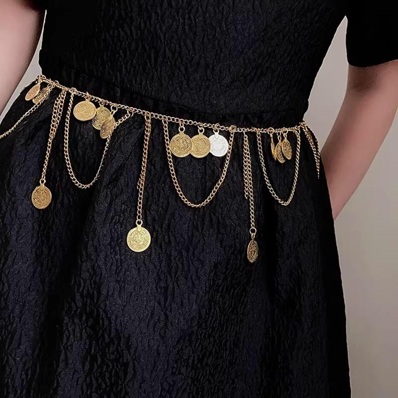 1pcs DUNHUANG exotic ethnic waist belt for women, Bohemian retro metal coin tassel belt, suitable for daily wear with skirts and