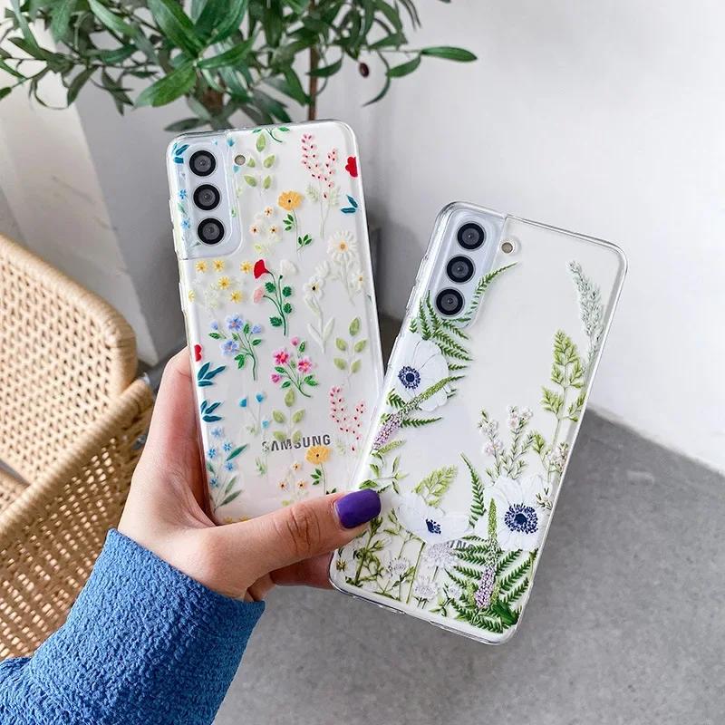 Милый Чехол для Телефона с Рисунком Цветов для Samsung S25 S24 S22 S21 FE Ультра Прозрачные Силиконовые Чехлы для Samsung Galaxy S23 Plus Ultra