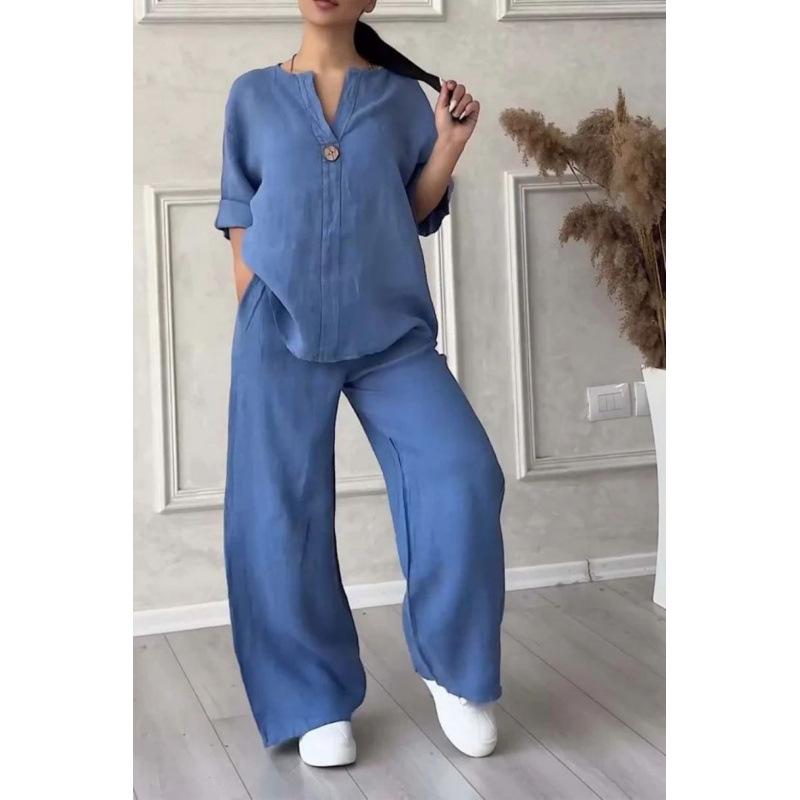 Европейский и американский летний модный женский комплект из хлопка и льна с V-образным вырезом и длинными рукавами на 2025 год