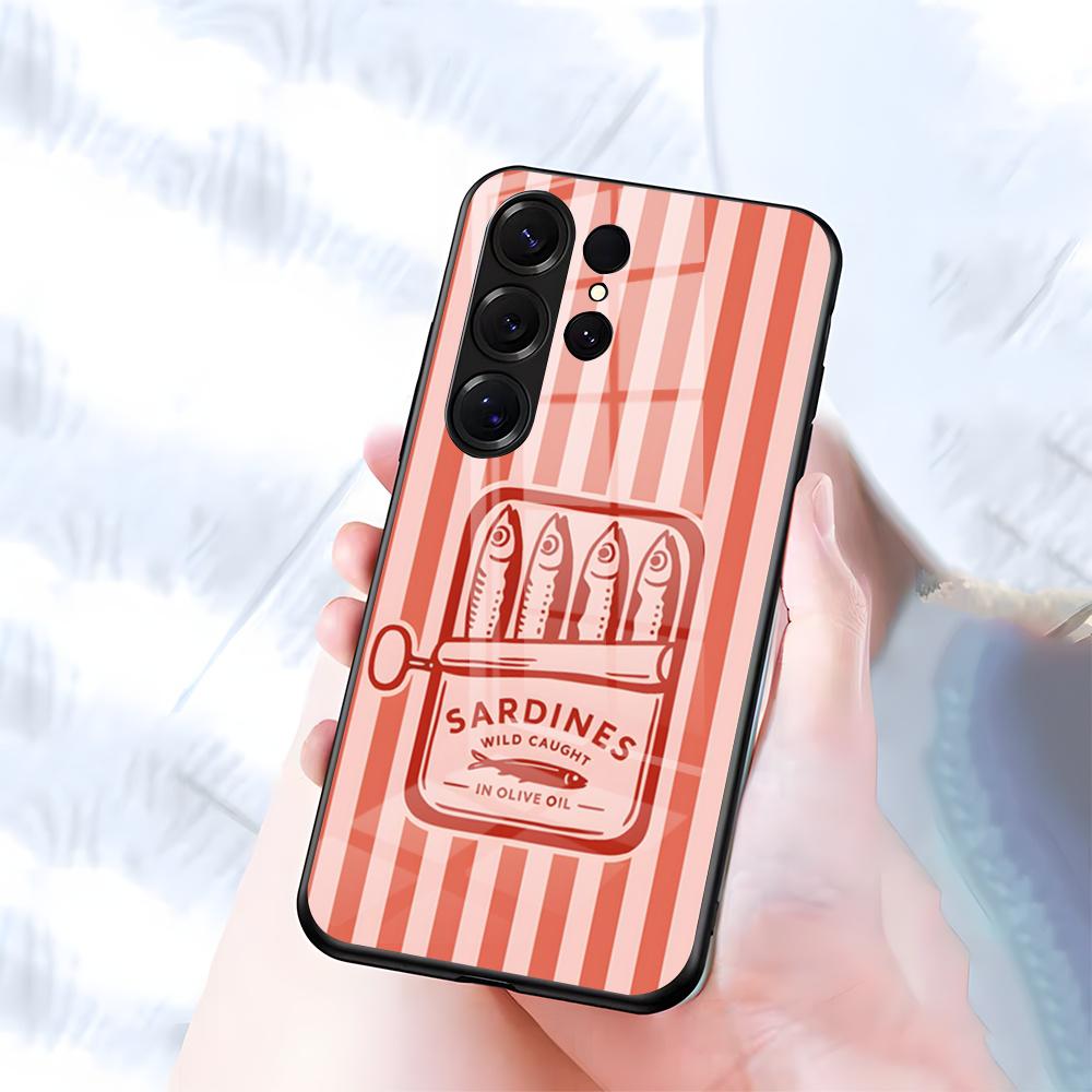 Чехол для телефона 'Банка сардин' с кленовым листом для Samsung S26 S25 S24 FE S23 S22 S21 Plus S20 Ultra Note20Ultra Черная стеклянная крышка