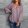 Lace Shirt Women's Shirts Vintage Solid Color V Sexy Splicing Buckle Horn Sleeve Blouses Top Women