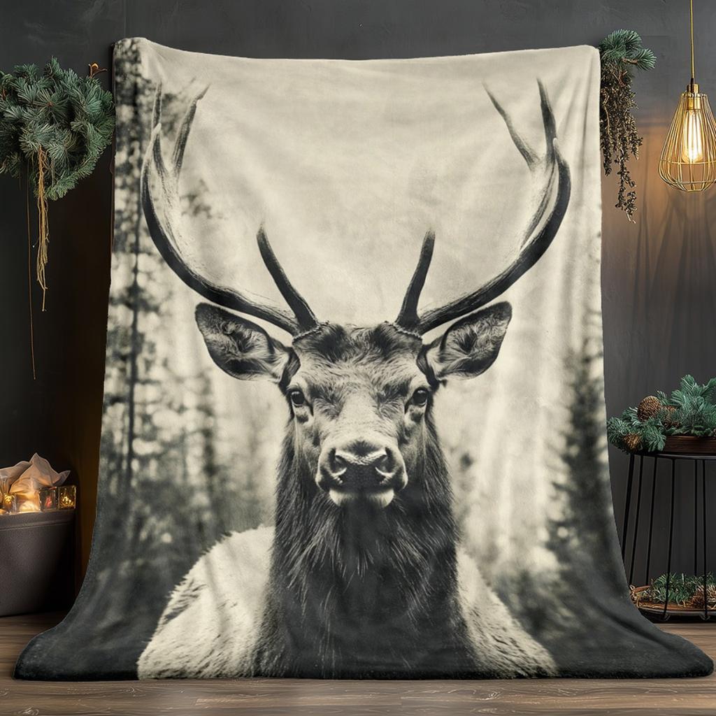 Majestic deer forest landscape black and white photo flannel blanket nature wildlife art bedroom wall hanging decorative blanket