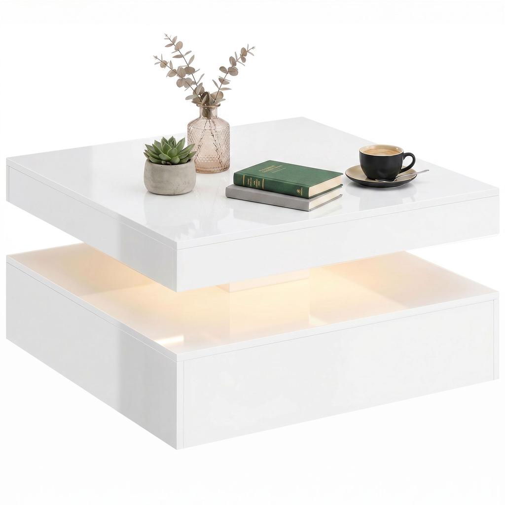 LED Coffee Table with Storage, 2-Tier Modern Centre Table with Open Shelf and Remote for Living Room, High Gloss White