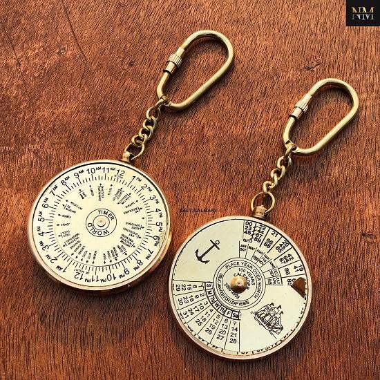 Nautical 100 Years Perpetual Calendar World Timer Keychain Brass Keychain Key Ring