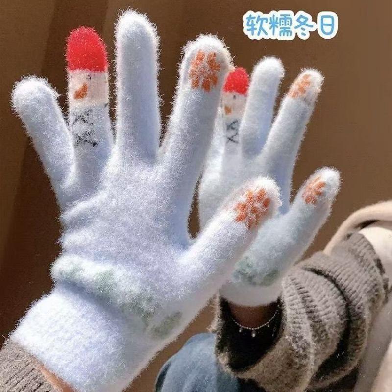 Зимние все включено пятипалые перчатки, милые вязаные теплые хлопковые перчатки снеговика для велоспорта, защищающие от холода