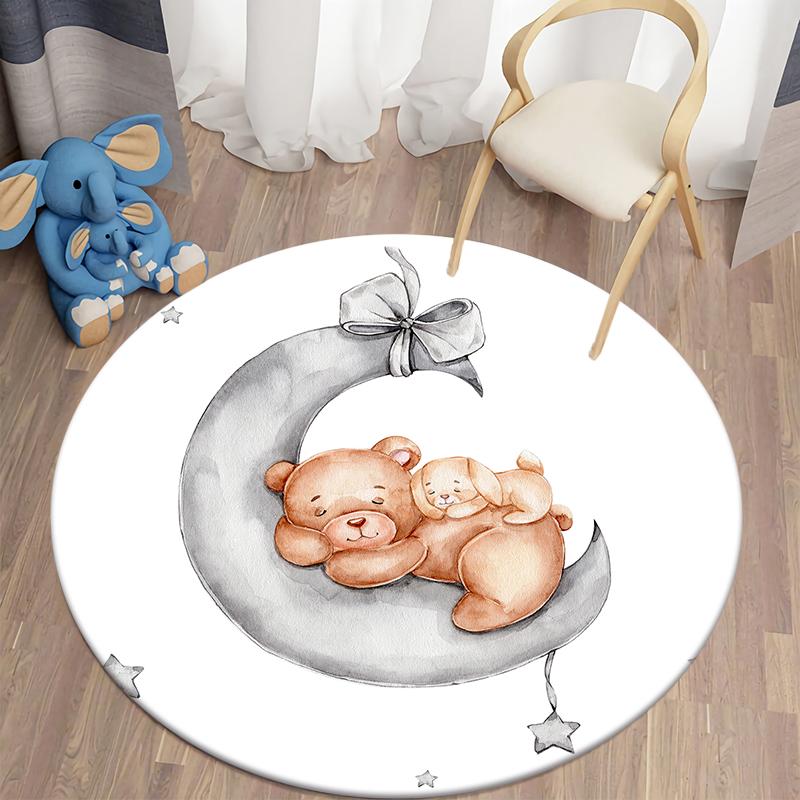 Living Room Round Carpet Floor Mat Kids Anti-Slip Mat Cartoon Bear Print Kids Carpet Kawaii Area Rug