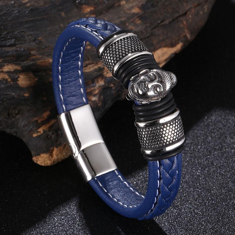 New Punk Men Jewelry Stainless Steel Buddha Head Bracelet Bangle Leather Bracelet Accessories