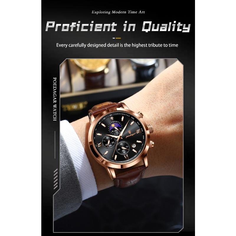 POEDAGAR Luxury Sports Watch for Men Waterproof Luminous Date Chronograph Wristwatch Leather Quartz Watches Reloj