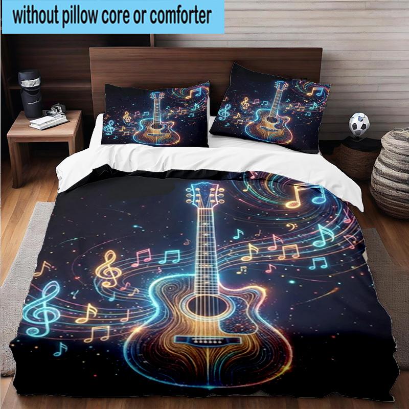 Neon Guitar Melody 3pcs Bedding,Including 1pc Duvet Cover And 2pcs Pillowcases Perfect for Christmas,Ideal for Bedroom, Dormitory