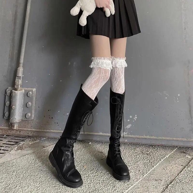 Lolita Long Tube White Lace Mesh Female Over-knee High-tube Thigh Middle-tube Calf Socks Thin Section Student Jk Black And White