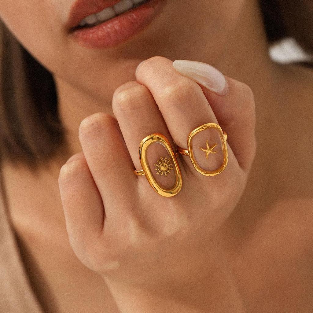 European-American Luxury Open Ring: 18k Gold-Plated Stainless Steel with Epoxy Sun Design for Women