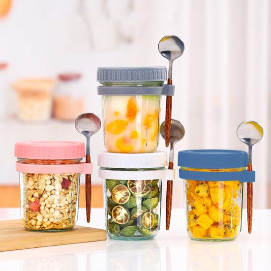 4 шт. стеклянных стакана Mason, контейнеры для овса на ночь с крышками и ложками, герметичные банки для молока, хлопьев, фруктов, салатов, йогурта