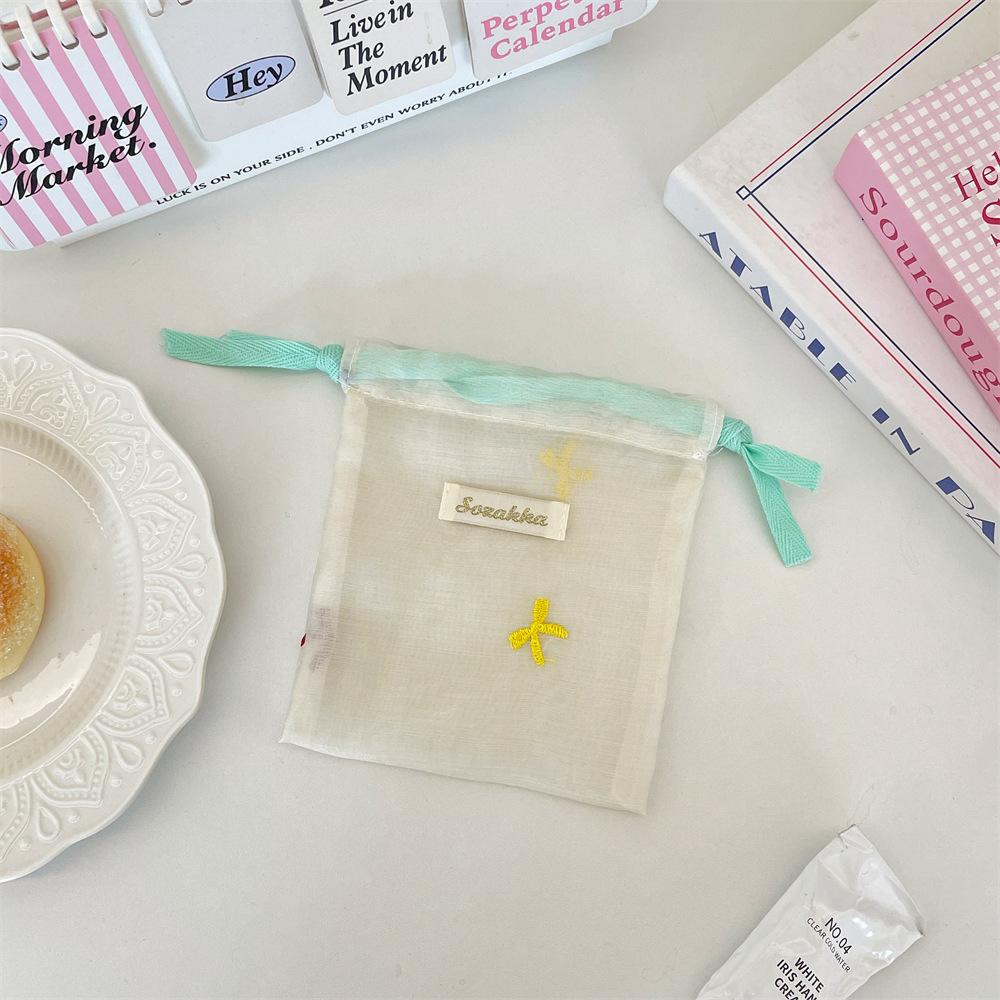 Fresh Mesh Splicing Drawstring Pocket Bow Embroidered Lipstick Jewelry Portable Storage Bag