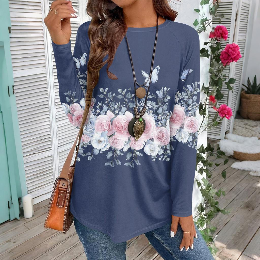 Women's Casual Plus SizeLong Sleeved Round Neck Vintage Ethnic Printing T-shirt Top Pullover
