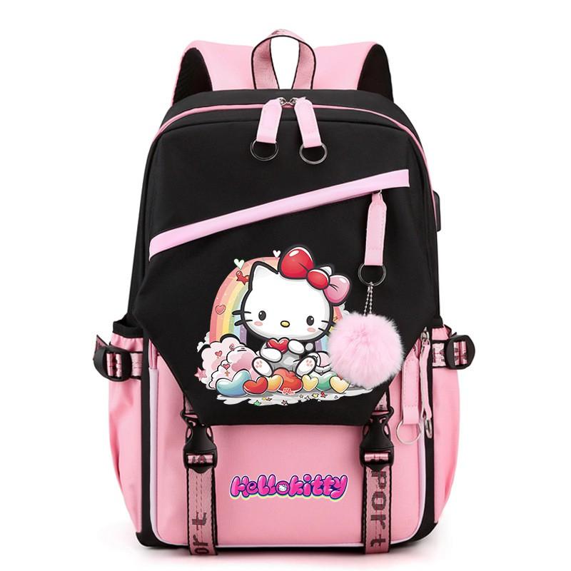 Kitty Cartoon School Backpack Teen Girls Kids Lightweight Oxford Fabric Bookbag With Padded Shoulder Straps 20-35L Capacity