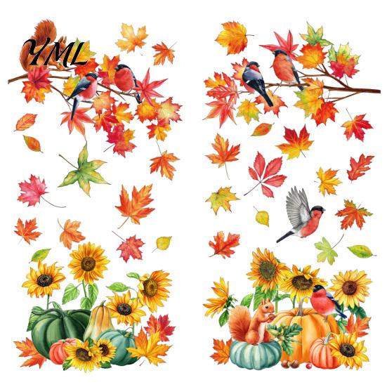 PVC Festive Window Stickers Autumn Harvest Decals, Sunflower Maple Leaf Pumpkin Bird Static Cling Stickers, Decorative Autumnal Wall Murals