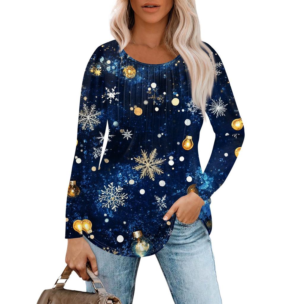 Женская повседневная футболка с круглым вырезом и длинными рукавами с рождественским принтом и складками
