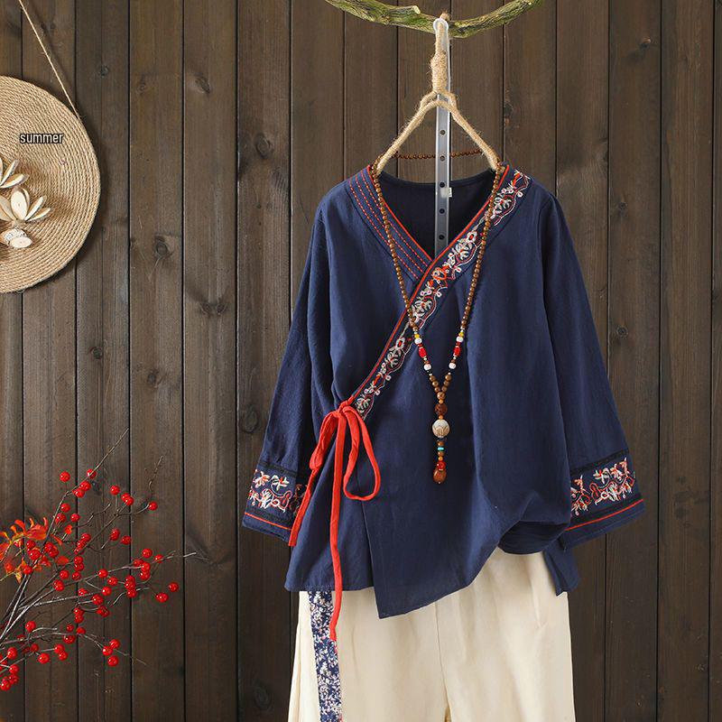 Женская свободная рубашка-пуловер из хлопка и льна с вышивкой в китайском стиле и шнуровкой – Верх платья для чайной вечеринки весна/лето
