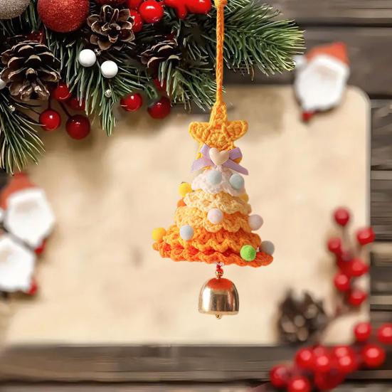 Knitted Christmas Tree Ornaments Mini Crochet Christmas Tree Hanging Pendant with Gold Jingle Bell for Holiday Home Party Decoration