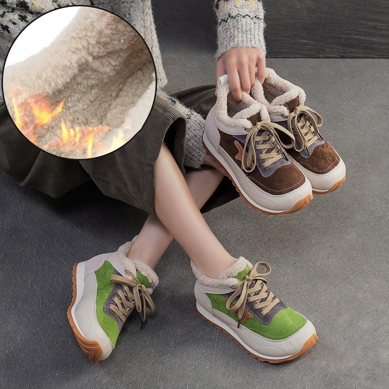 Johnature Warm Plush Cotton Shoes Versatile Lightweight Round Toe Lace-up Casual Women's Shoes