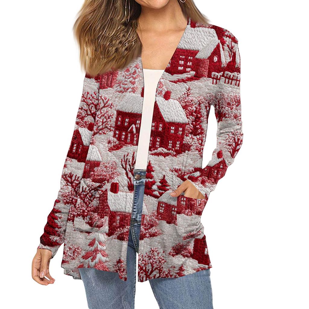 Женский модный кардиган-пальто с длинным рукавом, карманами, приталенного силуэта и рождественским принтом