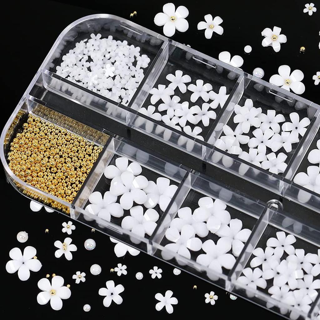 Flowers Nail Art Decorations, White Blossom Beads Pearl Nail Sequins Design Set, Floral Studs Rhinestone Gems for Nail Stickers Decals Foils