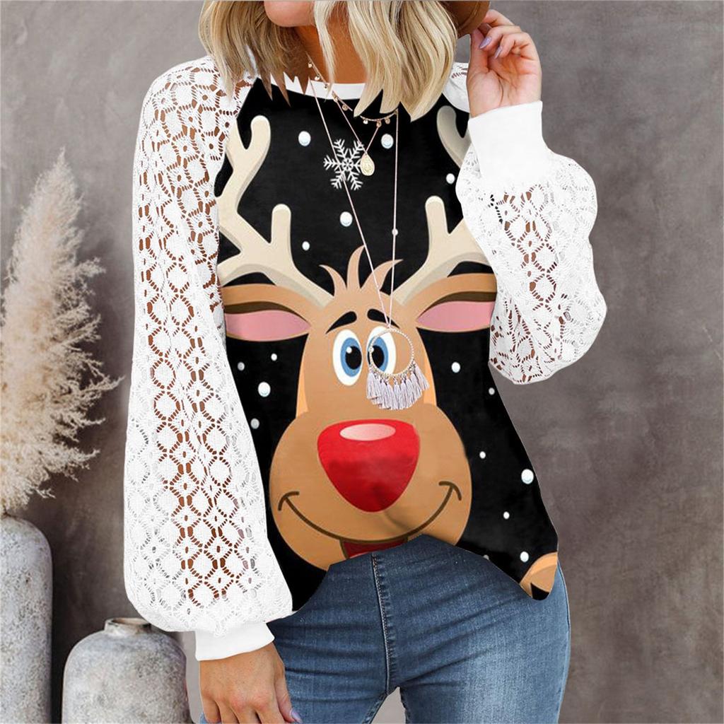 Women’s Christmas  Long Sleeve Tops Lace Casual Loose Blouses T Shirts Tunic Tops