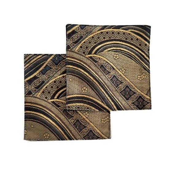 Mashule Coaster Kinran 2-Piece Set Nishijin Weaving Japanese Pattern Traditional Made BlackWave Black