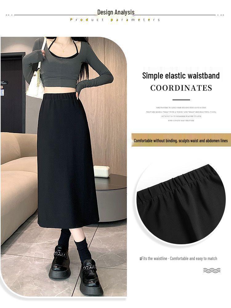 Black Wool Blend Women's High Waist A-Line Skirt - Autumn/Winter Korean Style Slimming Mid-Length with Slit and Elastic Waist