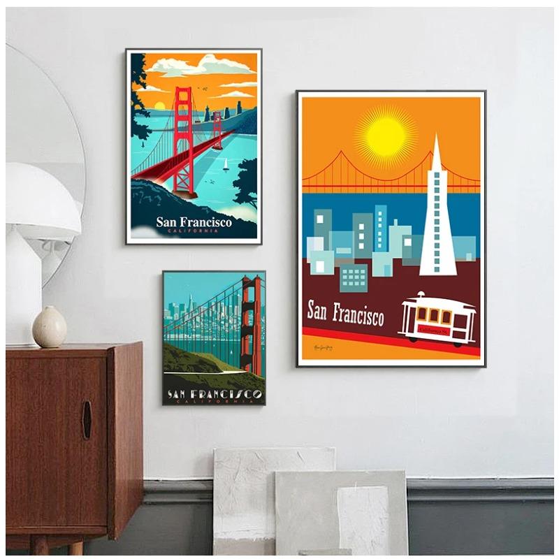 Harbour City San Francisco Travel Poster Canvas Paintings Vintage Wall Kraft Poster Coated Wall Stickers Home Decor Picture Gift