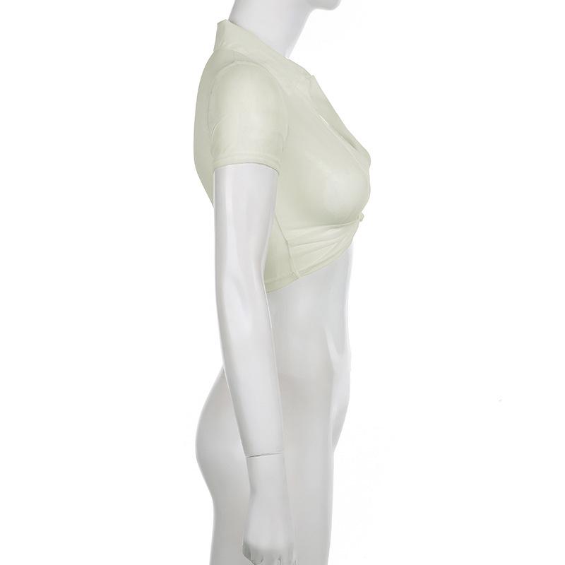 Сексуальная сетчатая футболка европейского стиля с V-образным вырезом и короткими рукавами - Женская летняя облегающая однотонная накидка с перекрутом