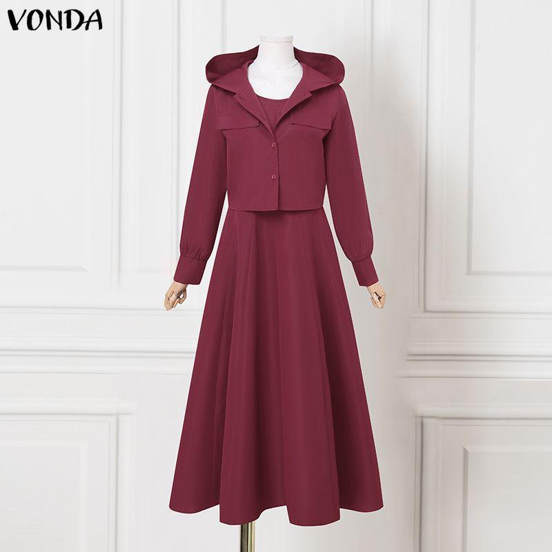 VONDA 2 шт. Женские комплекты из двух предметов: топы с длинным рукавом и капюшоном и юбки без рукавов, повседневный костюм