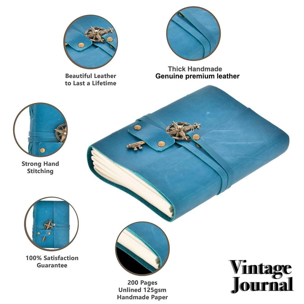 Кожаный ежедневник премиум-класса Vintage Journal с металлическим ключом и бумагой ручной работы (синий).5x7
