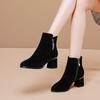 PU Leather Medium-heeled Short Boots Women's Thick Heel Plush Diamond Scrub Leather Women's Boots Autumn and Winter