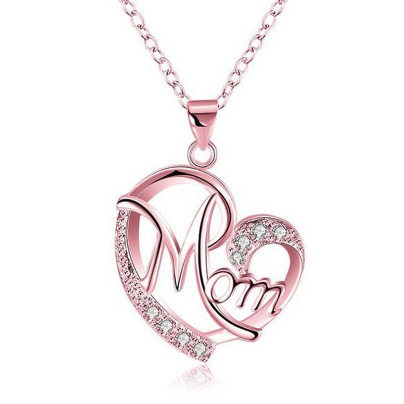 Mom Heart-shaped Pendant Diamond Letter Alloy Rhinestone Women Necklace Jewelry Mother Gift