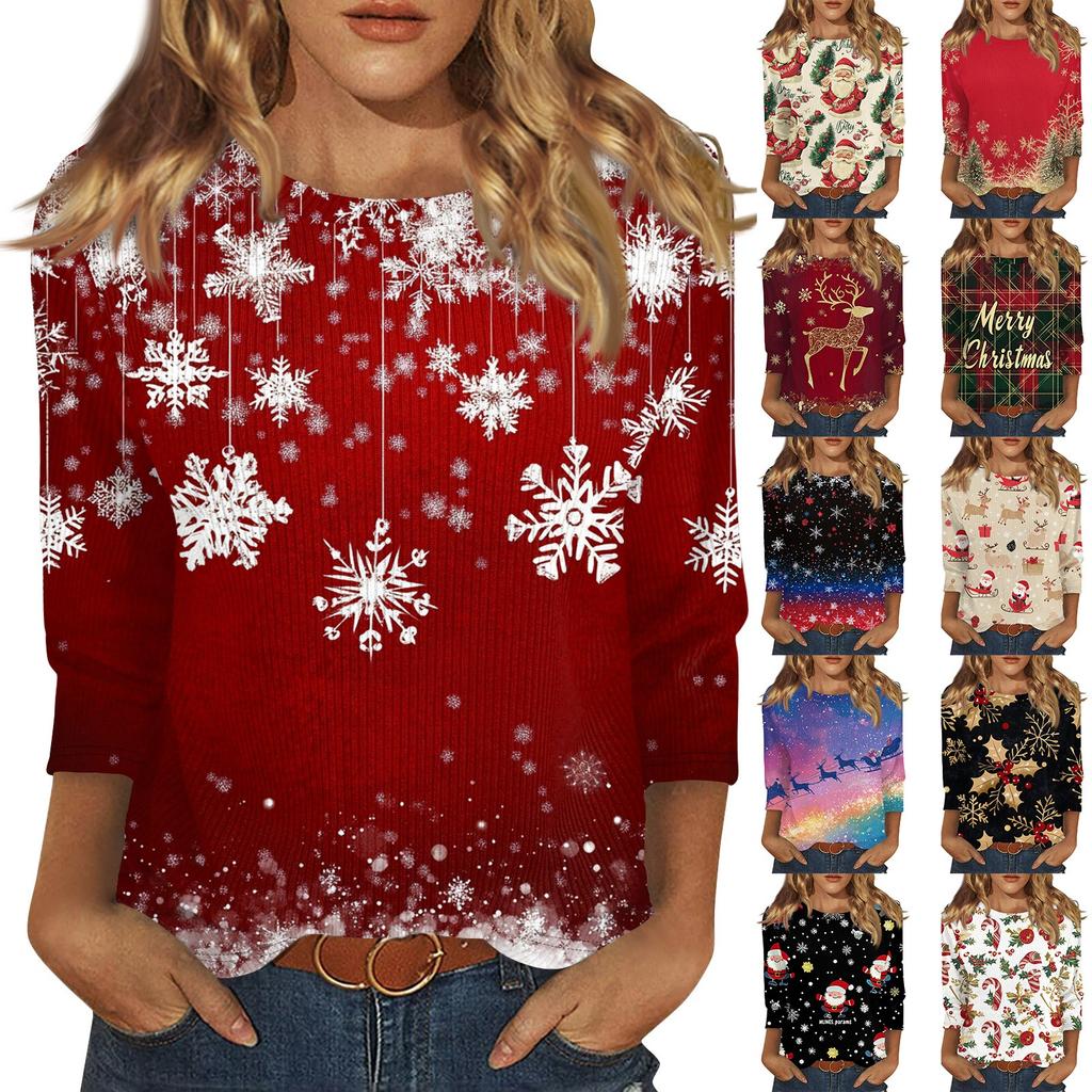 Women's Fashion And Winter Casual Round Neck Brushed Ribbed Christmas Print Three-quarter Sleeve T-shirt Women's Clothing