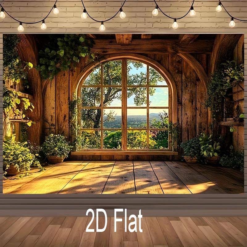 2D plane, single rough wooden window background image, with plants and greenery - polyester material photography background
