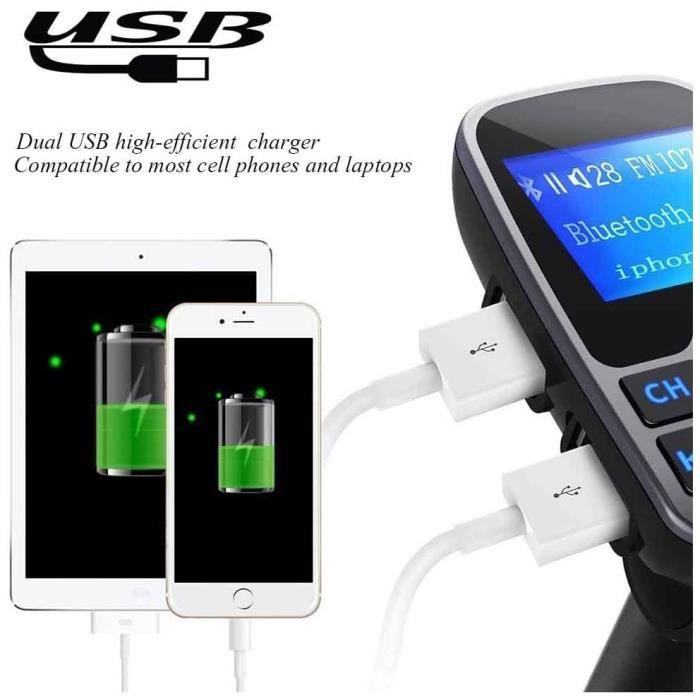 Bluetooth Transmetteur FM Radio Adaptateur Chargeur Voiture Allume-Cigare Car Kit avec 2 USB Chargeur Voiture Autoradio sans Fil éme
