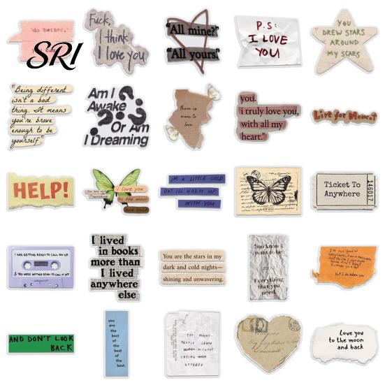 Journal Decorating Materials 50 Pcs Vintage Torn Paper Word Fragment Stickers, Waterproof English Text Decals, Healing Quote Adhesive Decals