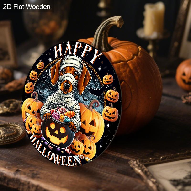 Halloween Wooden Sign with Bandaged Dog & Pumpkin Pattern - Unique Figurine Ornaments with Happy Halloween - Ideal for Front Door, Wall, Room Decor