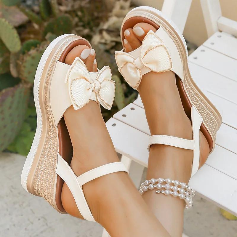 Fashion Fashion Bowknot Chunky Platform Sandals Woman Ankle Buckle Strap Wedge Heel Sandals for Women Summer 2025 Thick Sole Beach Shoes