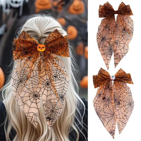 Women Hair Clip Halloween Spider Web Bow Clip, Pumpkin Eyeball Tulle Spring Accessory with Long Tails, Accessories for Holiday Party Themed Clips
