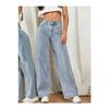 Women's Blue Snow Wash High Waist Five Pocket Wide Leg Loose Palazzo Jean Denim Trousers