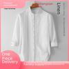 Men's Casual White Linen Shirt - Breathable, Loose-Fit, Three-Quarter Sleeve