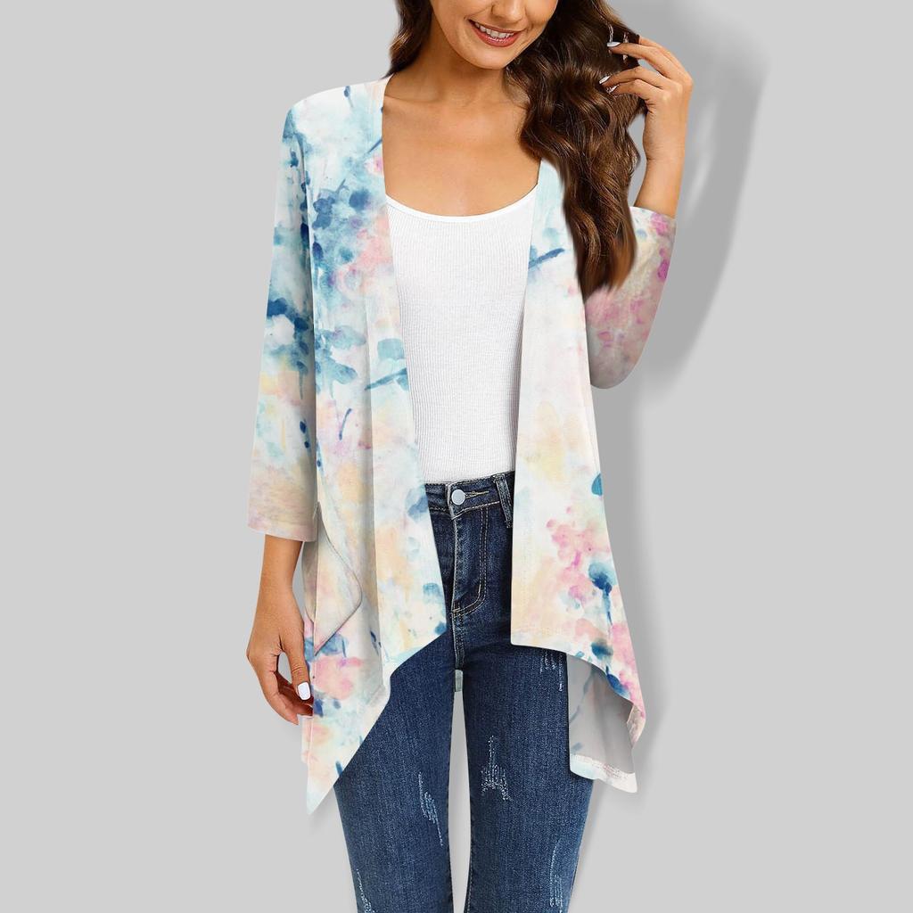 Женский кардиган неправильной формы с градиентным принтом и рукавами три четверти, куртка с карманами