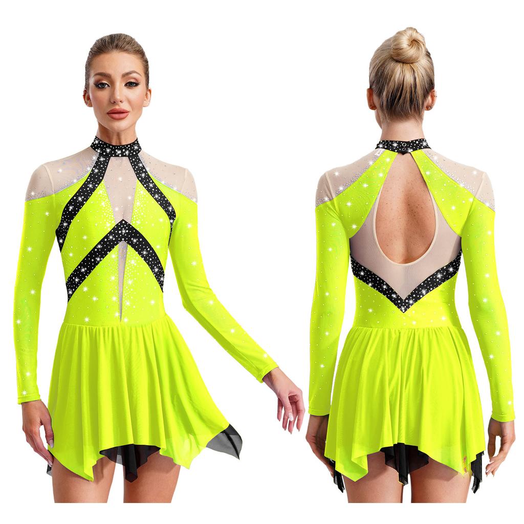Women Figure Skating Performance Costume Sheer Mesh Rhinestones Leotard Dress for Modern Lyrical Dance Gymnastics Acrobatics