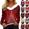 Женская мода с длинным рукавом, рождественский принт, плюшевый ворот, V-образный вырез, пуловер, топ